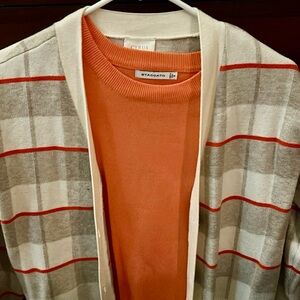 Staccato Orange Sweater with Cream Plaid Cardigan